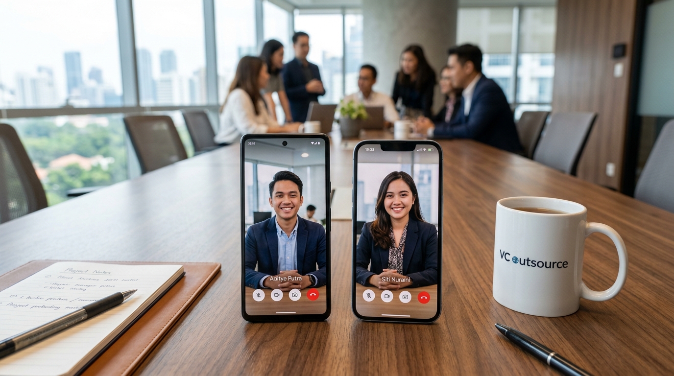 Video Conference outsource.co.id — dua smartphone menampilkan rapat video di meja meeting modern